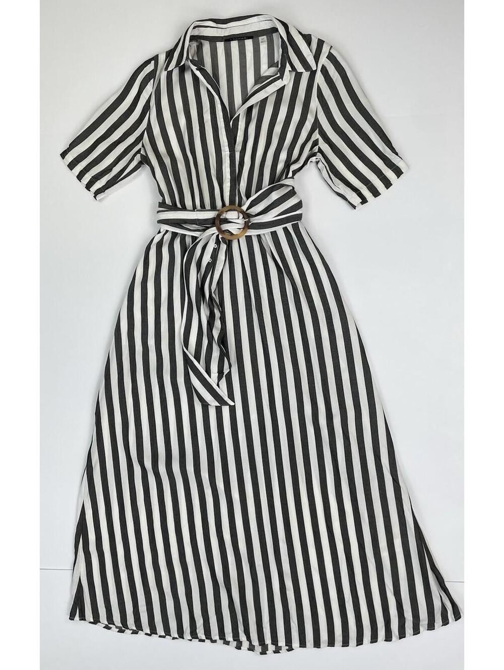 T Tahari Women's Charcoal Black White Striped Belted Shirtdress  Nautical SM